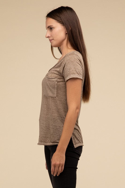 Washed Melange Burnout Scoop V-Neck Top