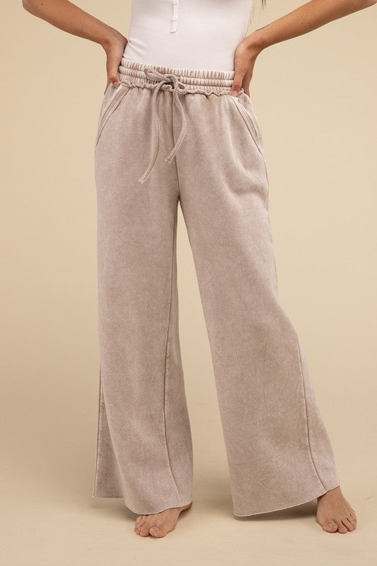 Acid Wash Fleece Palazzo Sweatpants with Pockets