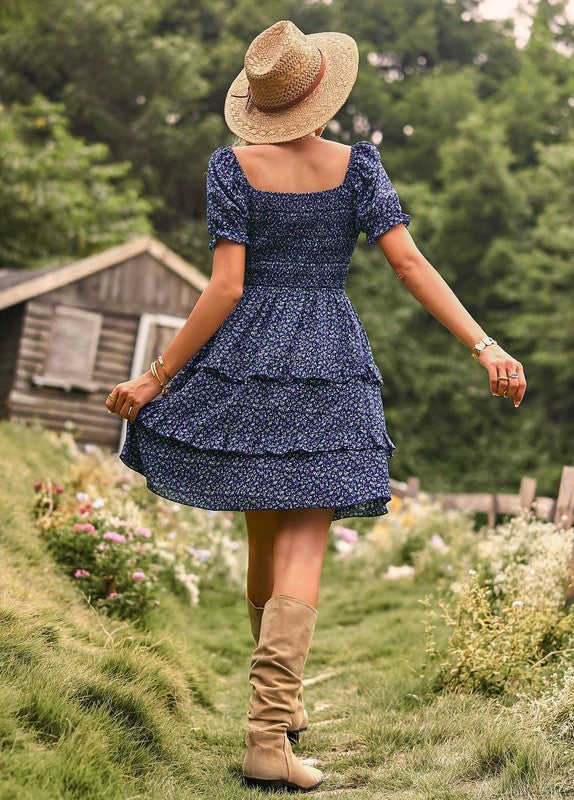 Boho Floral Square Neck Short Sleeve Dress