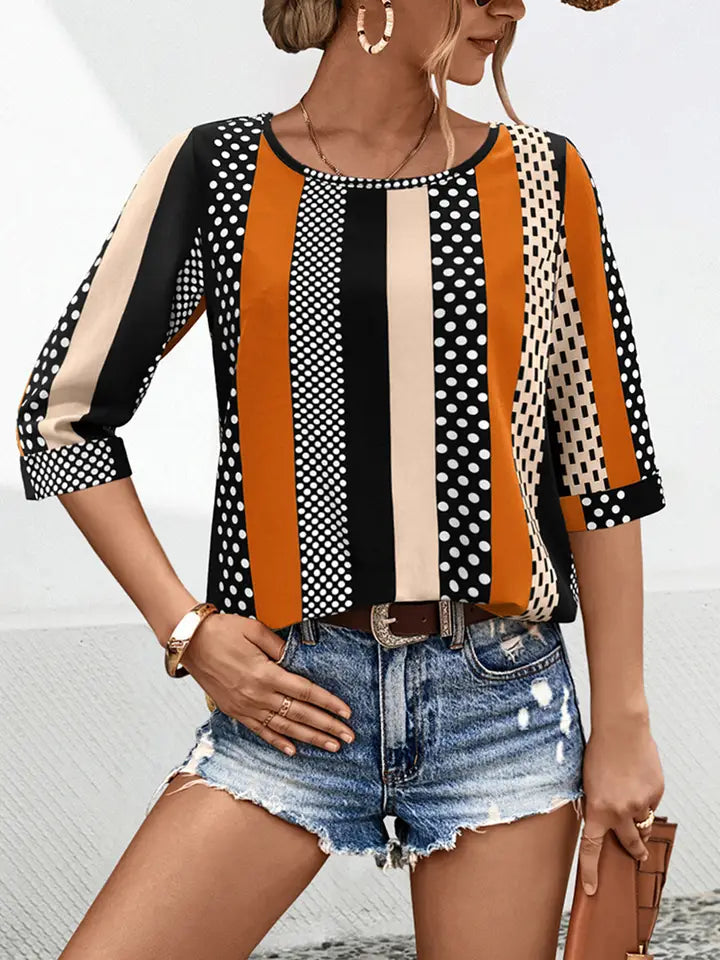 Striped Polka-Dot Crew Neck Mid-Sleeve Top