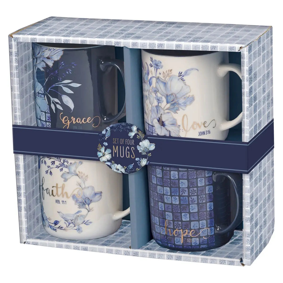 Blue Floral Tile Ceramic Mug Set