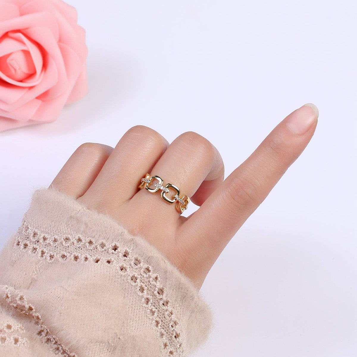 24K Gold Filled Cable Paperclip Chain Link Ring, Dainty Micro Pave Cubic Zirconia CZ Ring S-347