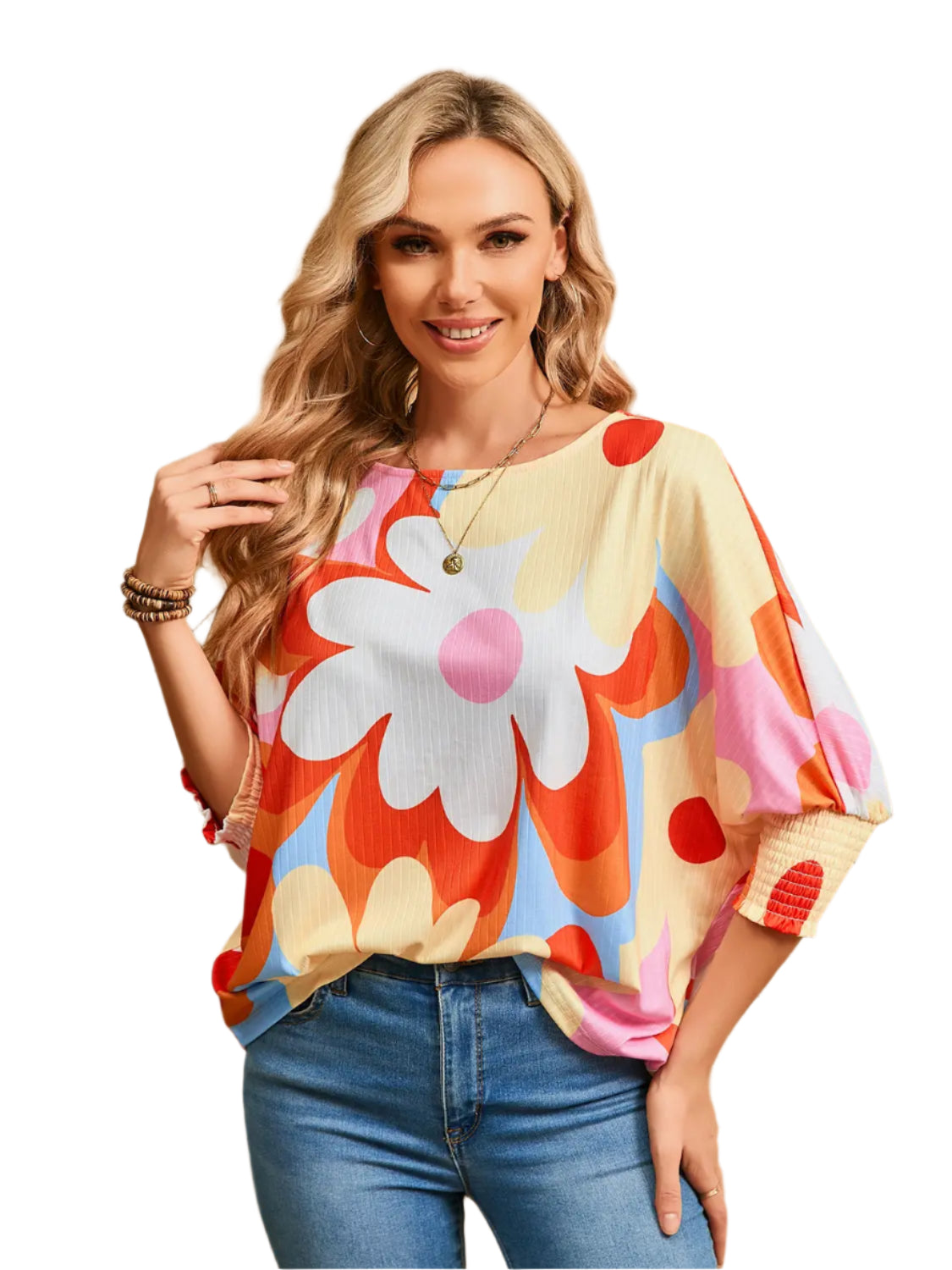 Flower Print Ribbed Blouse