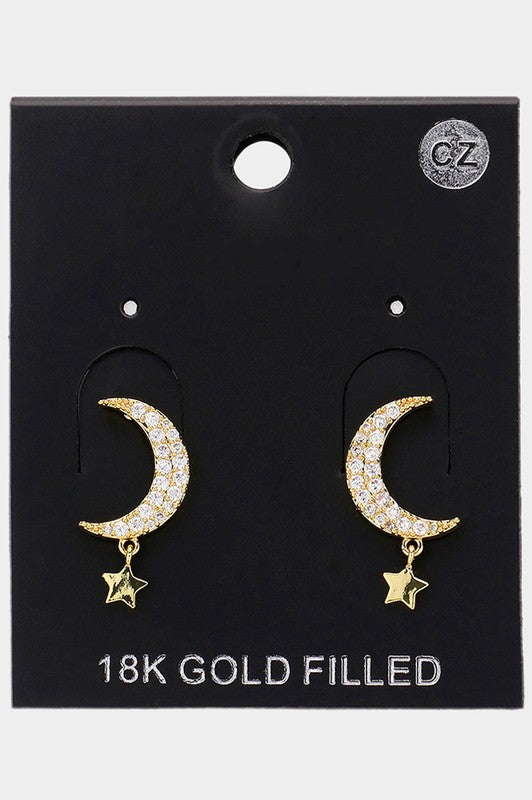 CZ Paved Crescent Moon Metal Star Dangle Earrings