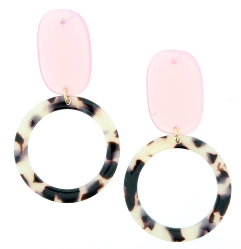Pink Resin Oval Post with Tortoise Resin Circle Earrings