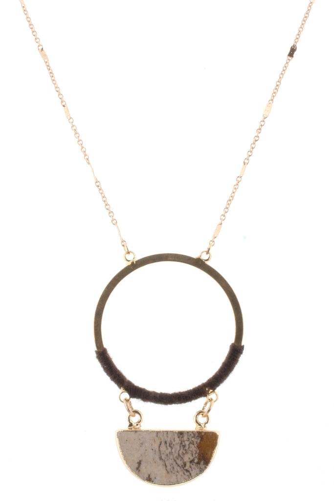 32" Gold Chain with Brown Wrapped Circle with Picute Jasper Stone Half Circle