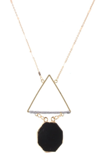32" Gold Chain with Grey Wrapped Triangle with Jet Stone Hexagon,