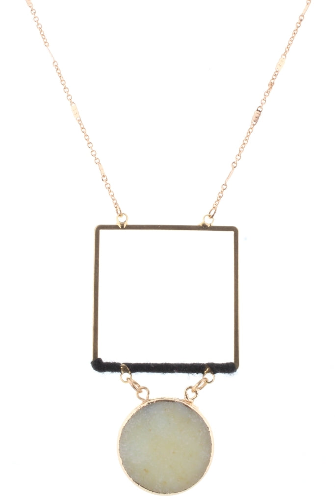 32" Gold Chain with Jet Wrapped Square with Amazonite Stone Circle