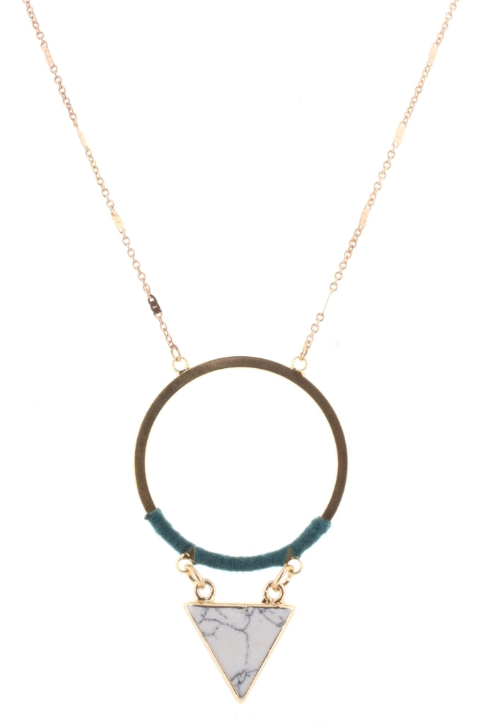 32" Gold Chain with Teal Wrapped Circle with Howlite Stone Triangle