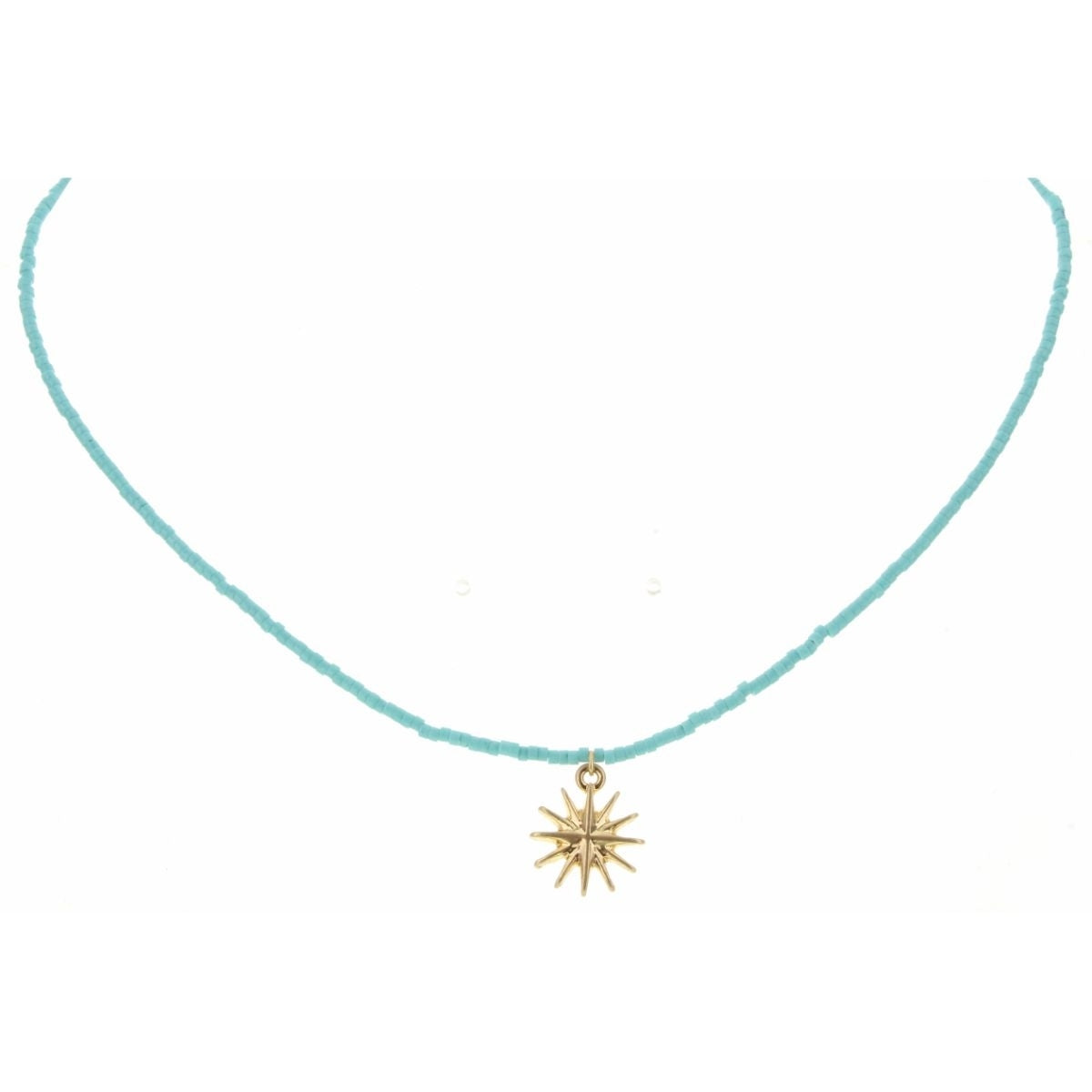 14" Turquoise Seed Bead with Sunburst Charm Necklace