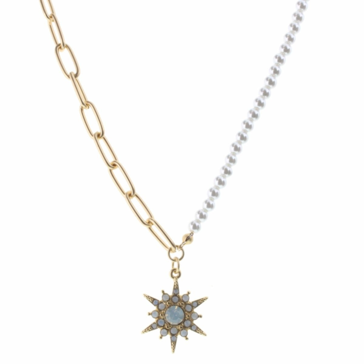 Cadena de perlas y oro de 16" con collar de estrella con adorno checo 