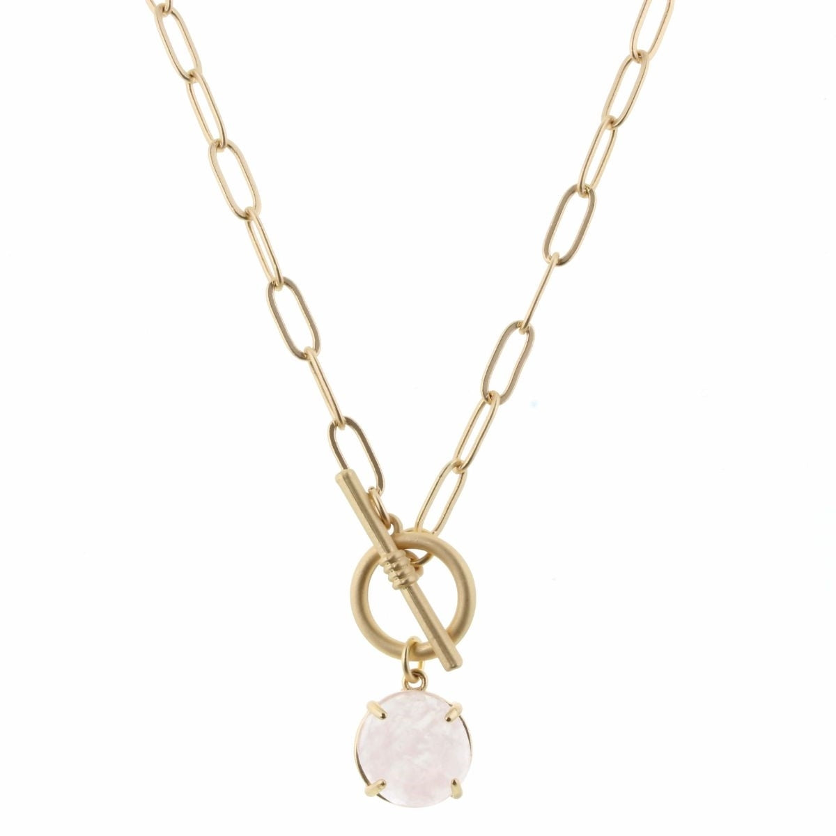 Cadena de oro de 16" con círculo de cuarzo rosa y collar de palanca 