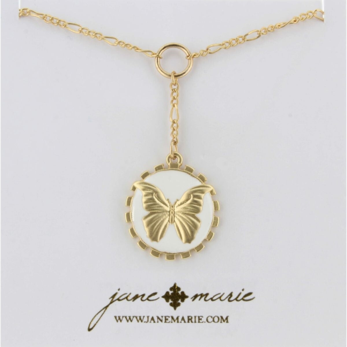 Lariat de cadena de oro de 16", collar con amuleto de esmalte blanco con mariposa dorada, 2" ext. 