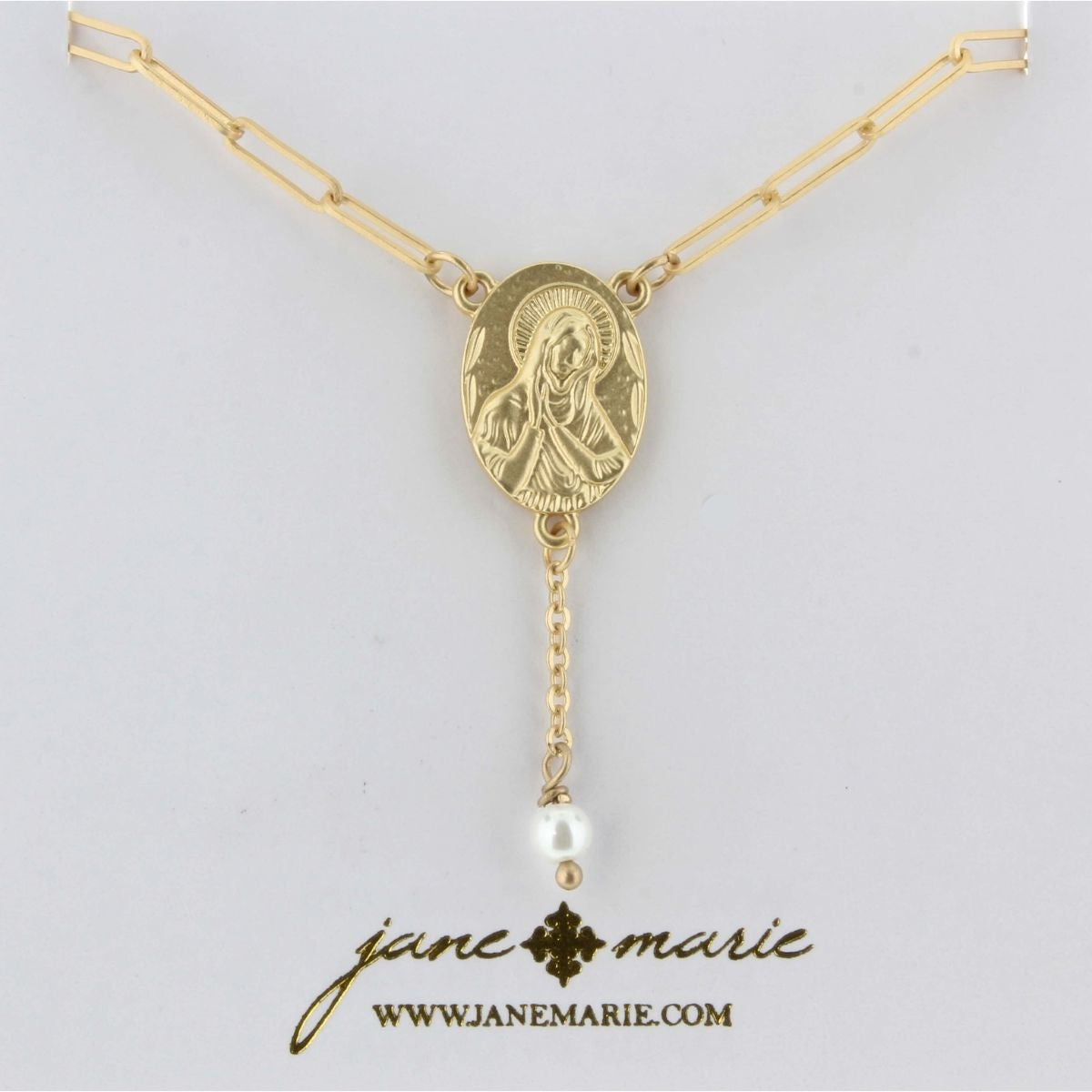 16" Gold Chain, Gold Virgin Mary with Pearl Dangle Charm Necklace,