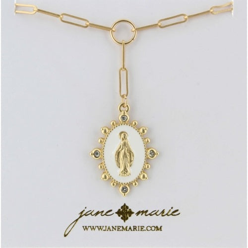Lariat de cadena de oro de 16", collar con amuleto de esmalte de la Virgen María de oro 