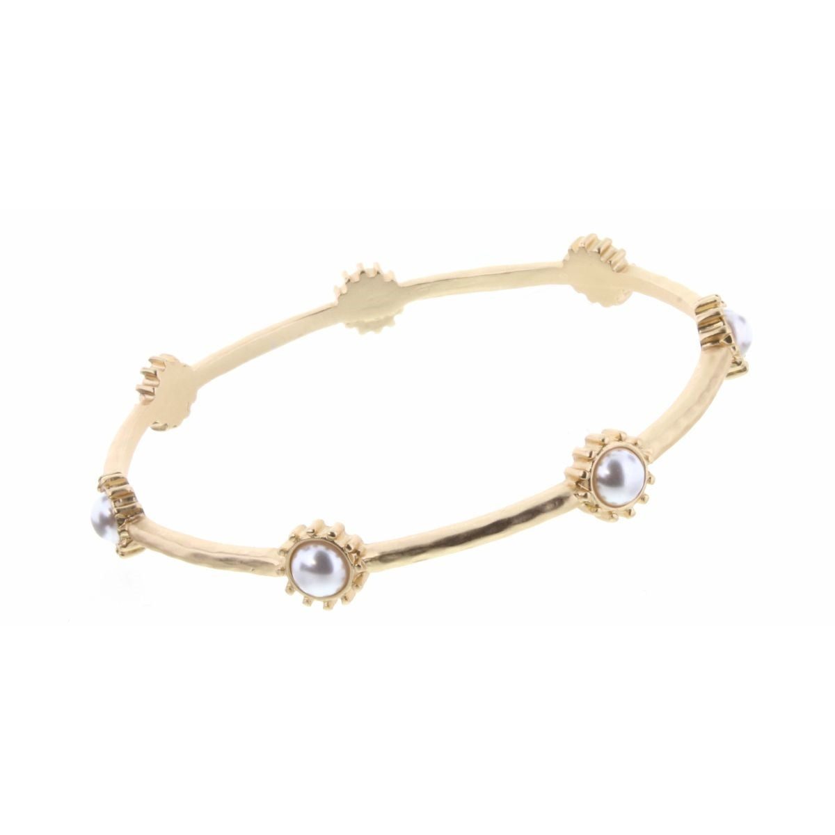 Glass Pearl Circle with Gold Accents Station Bangle Bracelet