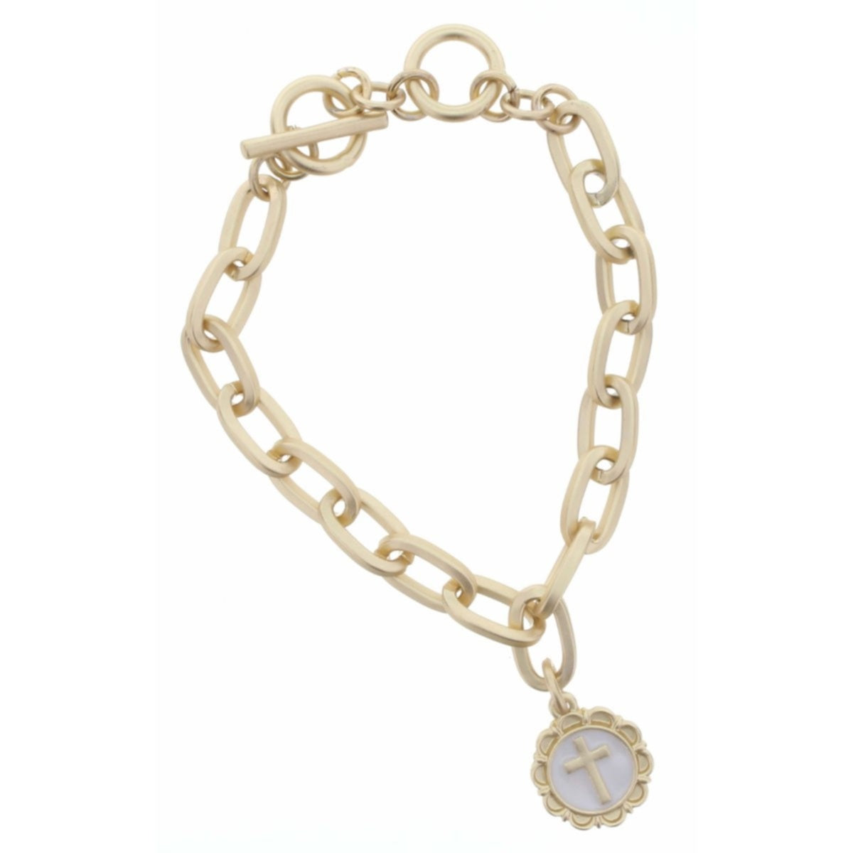 Gold Toggle Chain Gold Cross in White Enamel Charm Bracelet