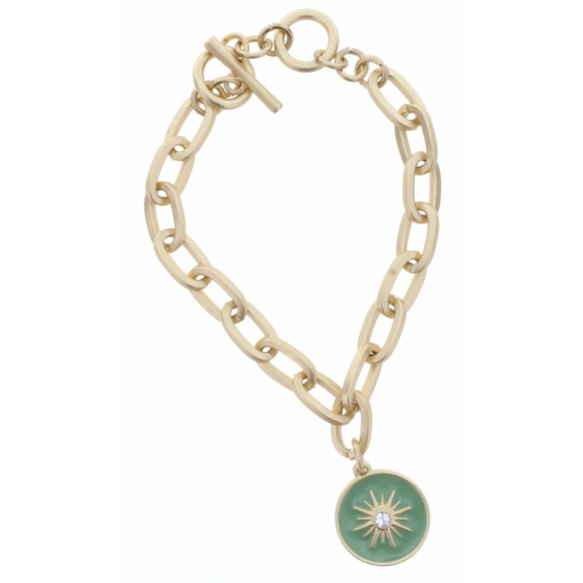Gold Toggle Chain with Clear Czech Center Sun in Mint Enamel Charm Bracelet