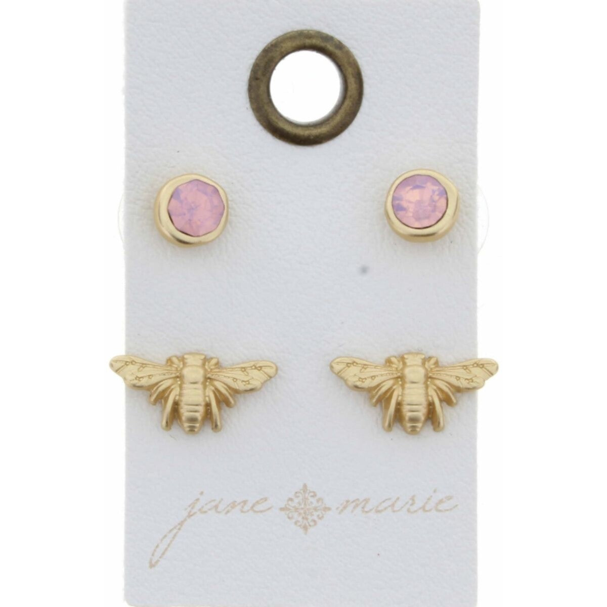 Pink Stone Circle, Gold Bee Stud Earring