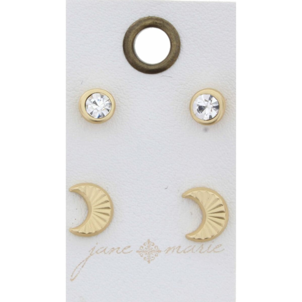 Clear Stone Circle, Gold Moon Stud Earring