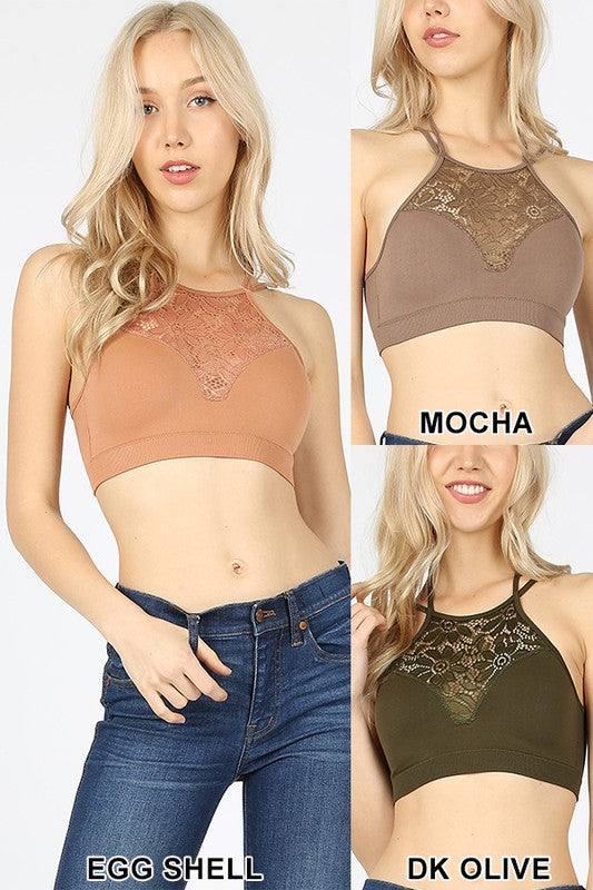 High Neck Lace Bralette with Bra Pads