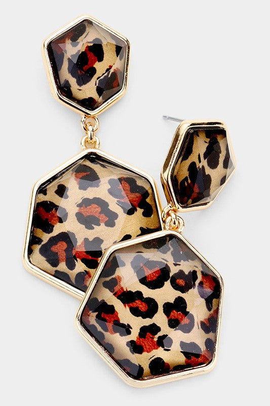 Glitter Leopard Double Hexagon Bead Link Earrings