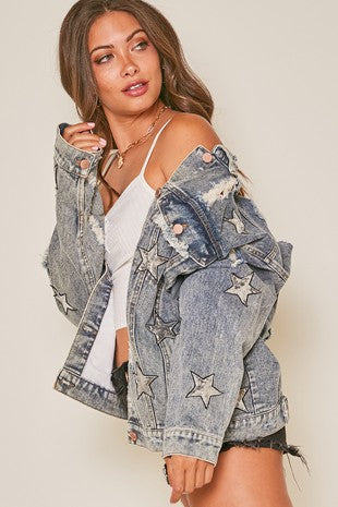 Long Sleeve Distressed Star Patch Jacket w/ Pockets