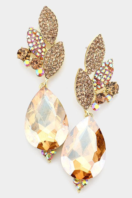 Crystal Rhinestone Pave Leaf Evening Earrings