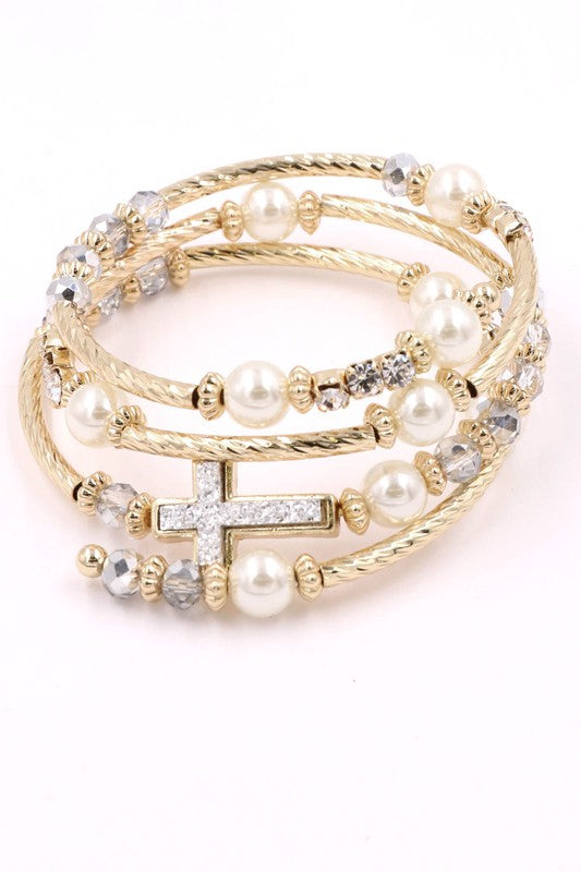 Cream Pearl/Cross Metal Coil Bracelet