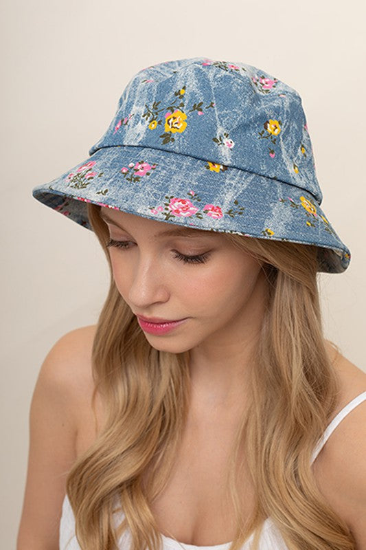 Sombrero de pescador de algodón con estampado floral de mezclilla