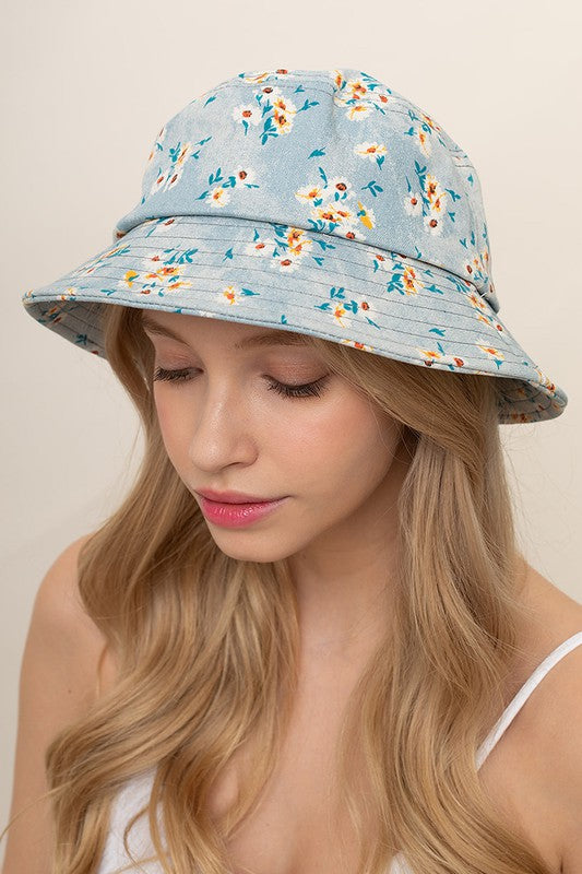 Floral Print Light Denim Cotton Bucket Hat