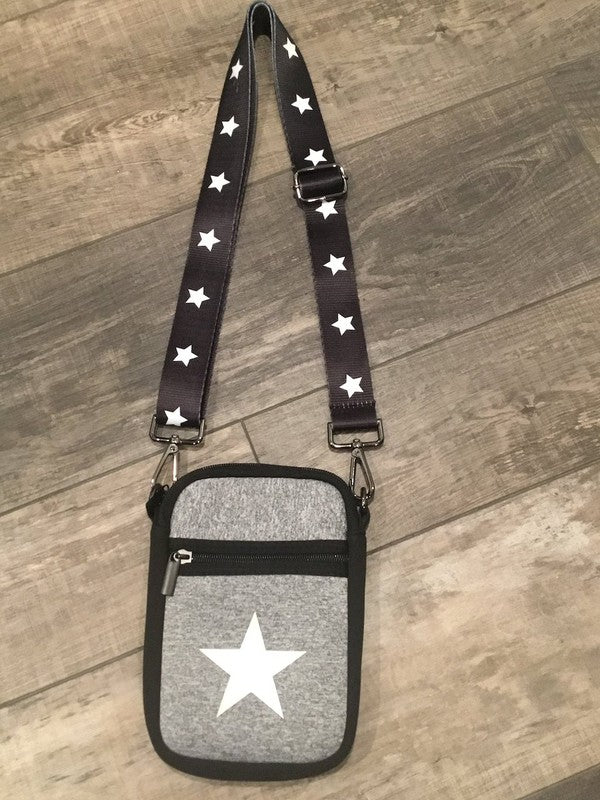 Grey Handbag with White Star Neoprene Phone Holder
