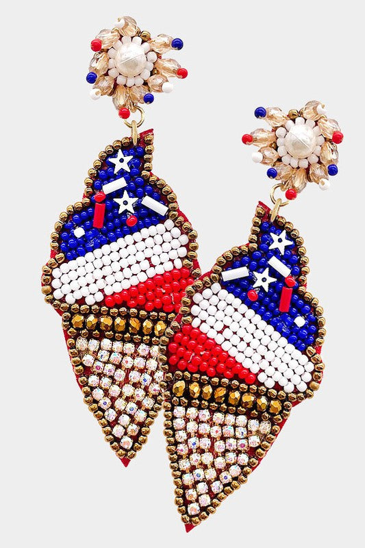 Seed Beaded American USA Flag Ice Cream Earrings