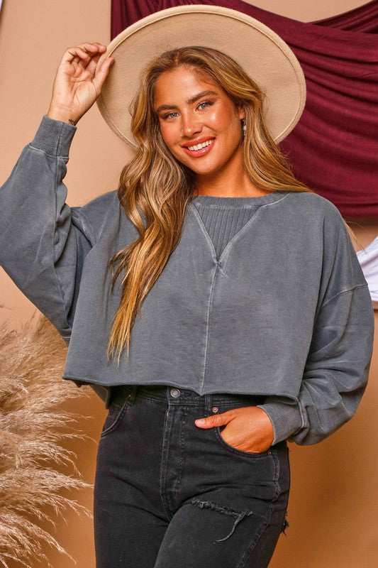 Long Sleeve Sand Washed French Terry Loose Fit Top