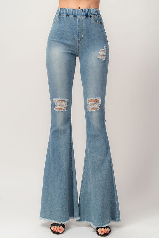 Distressed Elastic Waist Bell Bottom Jeans