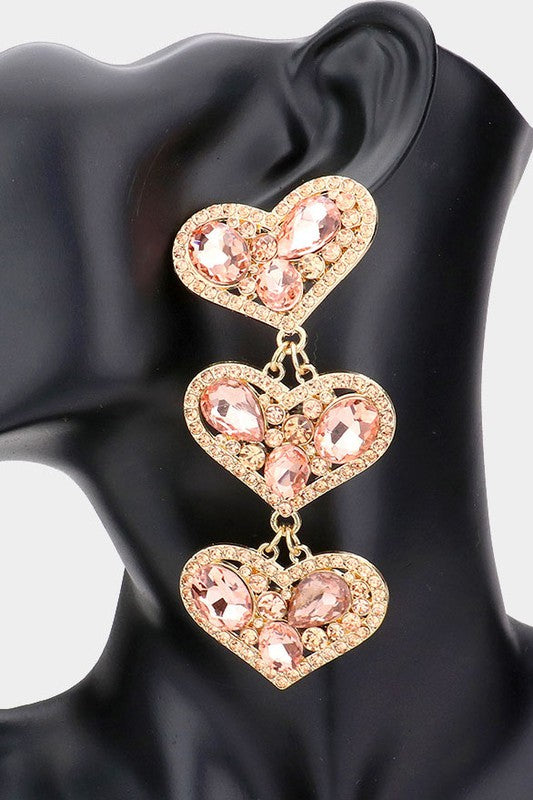 Multi Stone Embellished Triple Heart Dangle Evening Earrings