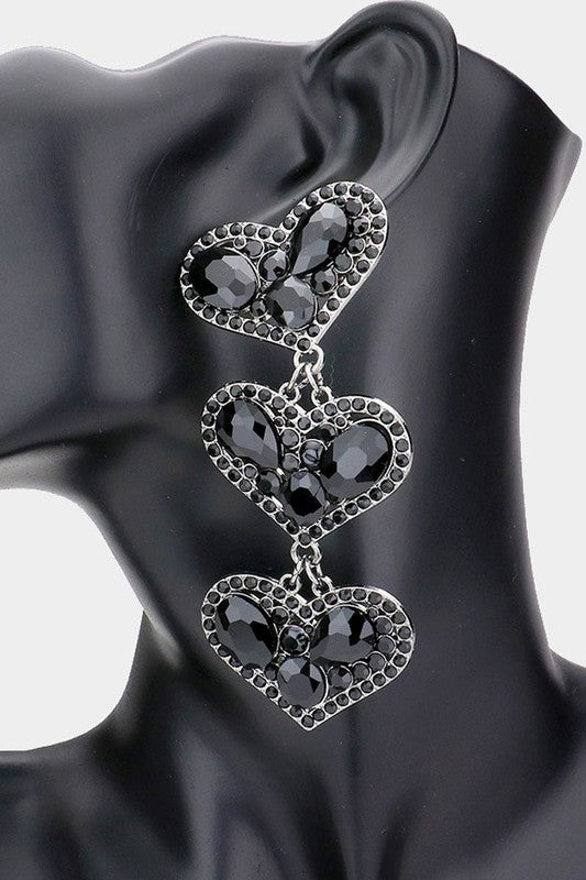 Multi Stone Embellished Triple Heart Dangle Evening Earrings - Debs on 5th