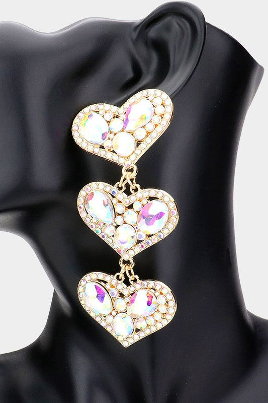 Multi Stone Embellished Triple Heart Dangle Evening Earrings