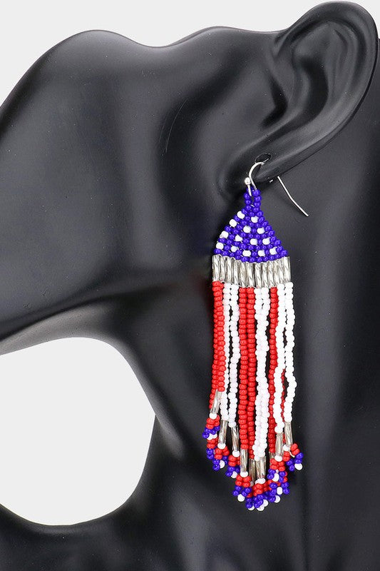 American USA Flag Seed Beaded Fringe Earrings