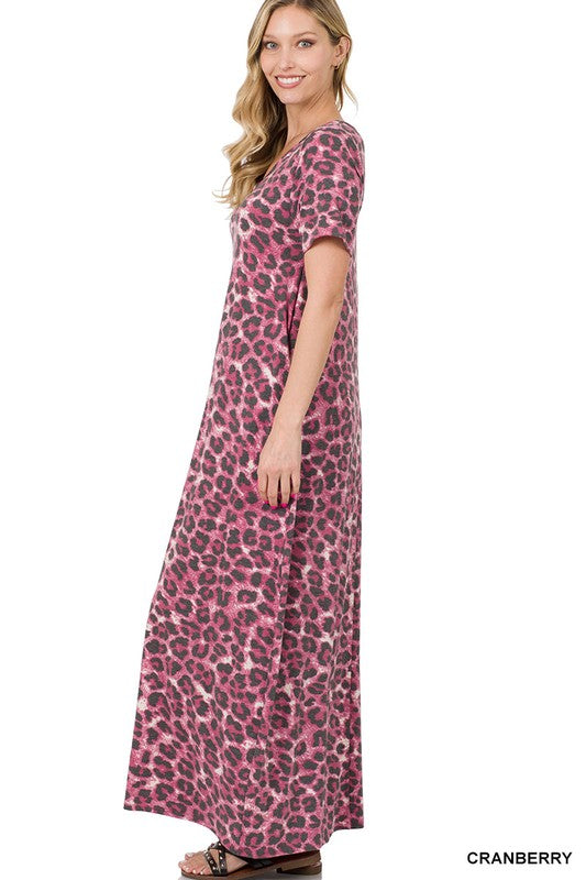 Vestido largo de manga corta con estampado de leopardo 