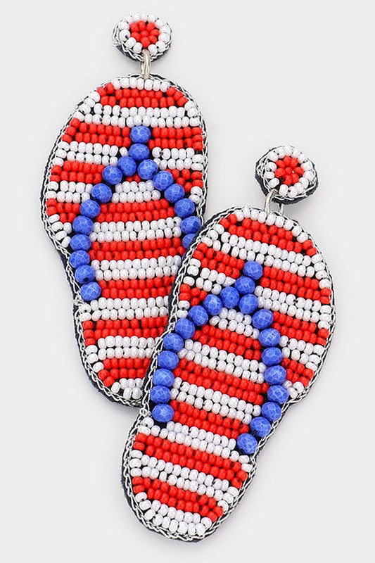 American USA Flag Flipflops Beaded Dangle Earrings