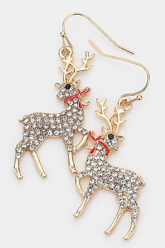 Rhinestone Pave Christmas Deer Dangle Earrings