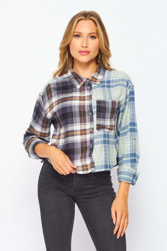 Solid Multi Plaid Print Casual Flannel Top