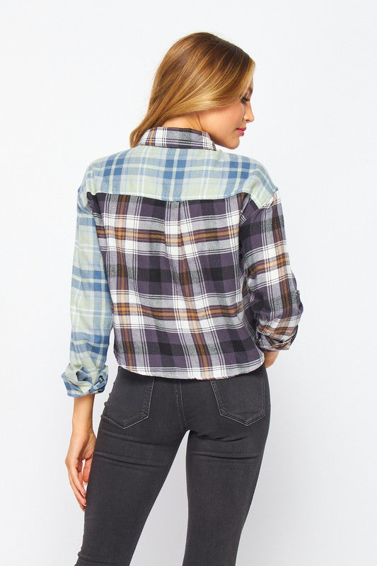 Solid Multi Plaid Print Casual Flannel Top