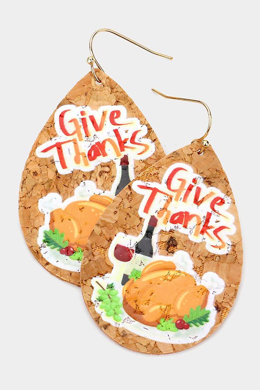 Thanksgiving Theme Message Cork Teardrop Earrings