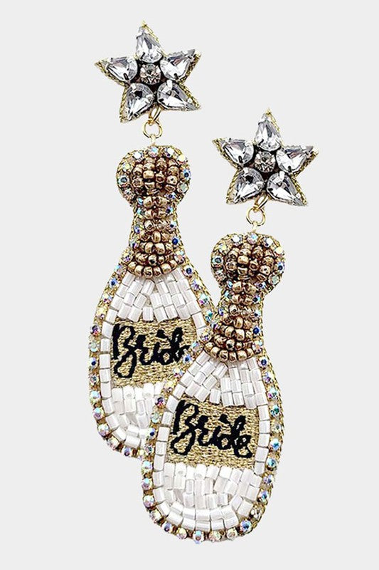 Bride Champagne Bottle Beaded Dangle Earrings