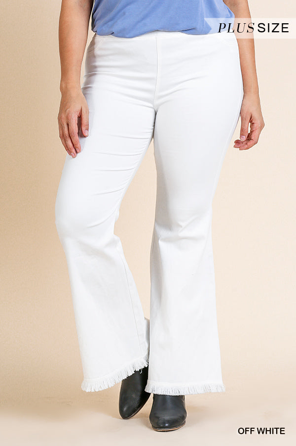 Stretch Wide Flare Leg Pants with Elastic Waist and Frayed Hem