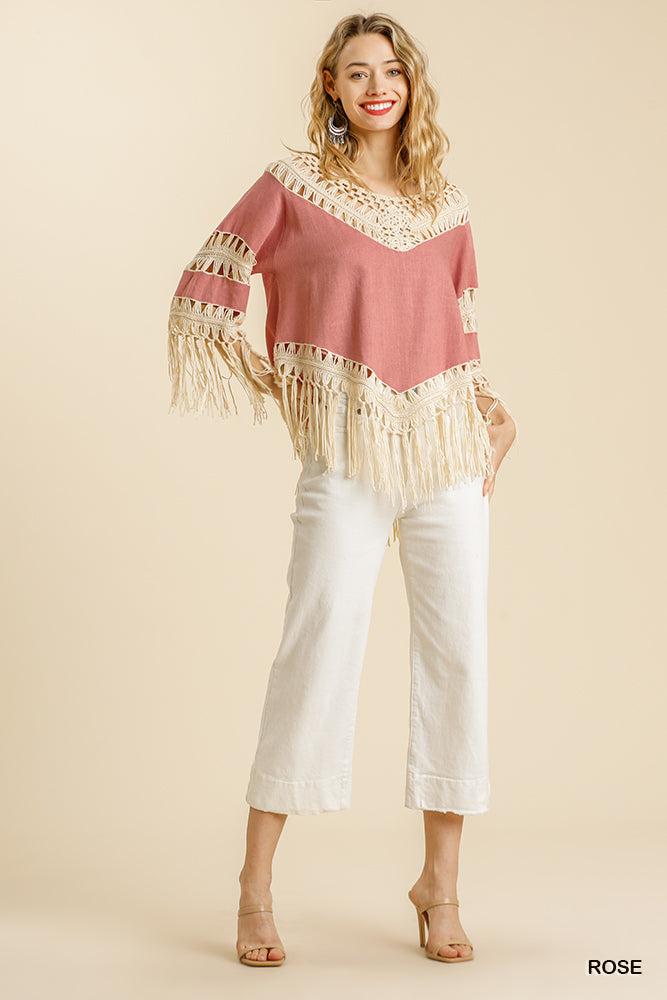 Linen Blend Crochet Detail Top with Tassel Hem
