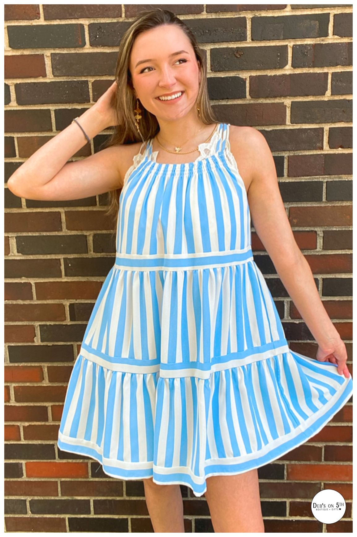 Stripe Print Halter Neck Tiered Dress