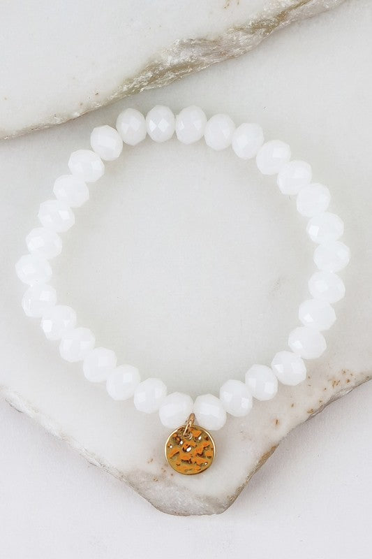 Bead Stretchable Bracelet with Textured Gold Charm